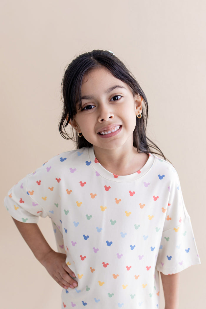 Pastel mickey head pattern on an oversized tee