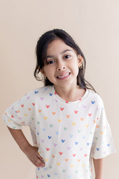 Pastel mickey head pattern on an oversized tee
