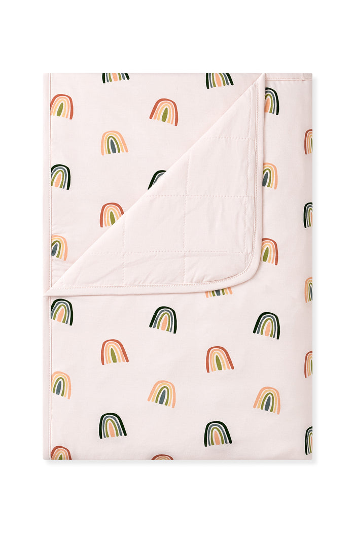Vanilla cream Toddler Blanket in Retro Rainbow 1.0 print on a white background