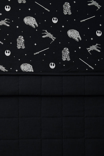 Close up of the Toddler Blanket in STAR WARS™ 1.0 showing the black quilted backing and smooth top printed layer