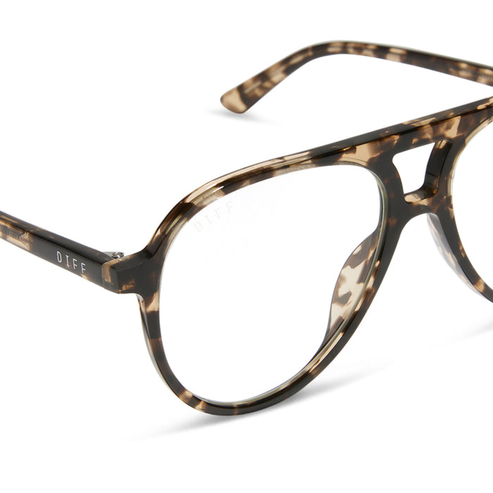 diff eyewear featuring the tosca ii aviator blue light glasses with a espresso tortoise frame detailed view