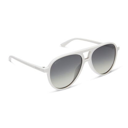 diff eyewear featuring the tosca ii aviator sunglasses with a snowbound frame and grey gradient with silver flash lenses angled view
