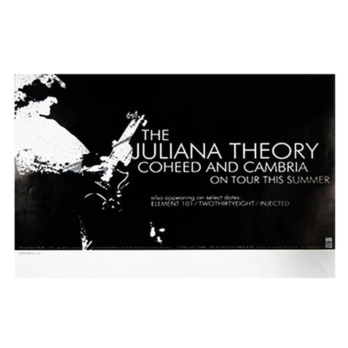 Black and white concert poster featuring a guitarist, with text: Coheed and Cambria, The Juliana Theory on tour this summer with Element 101, TwoThirtyEight, Injected. Add a poster tube from Coheed and Cambria to avoid creases—no more folds!.