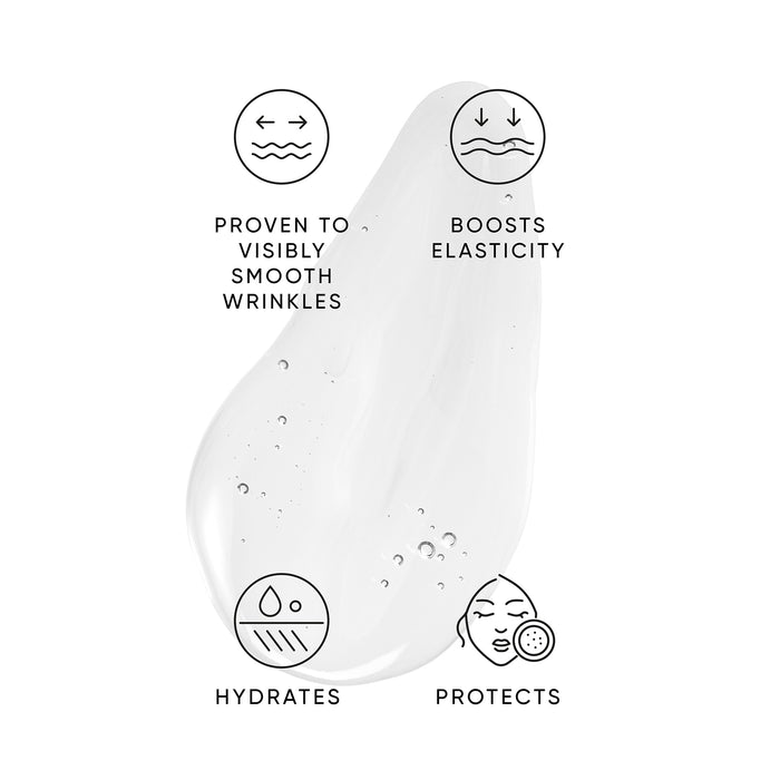 Icons demonstrating the benefits of Hibiscus Serum including boosts elasticity and proven to visibly smooth wrinkles