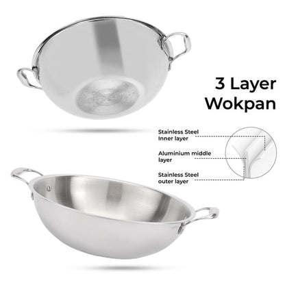Triply Stainless Steel Wok With Lid (24cm-32cm)