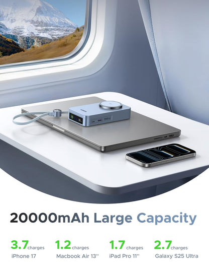 UGREEN MagFlow 20000mAh 100W Qi2 25W Wireless Power Bank Built-in Cable | PD 100W Fast Charging, Portable Wireless Charger,5-in-1 MagSafe-Compatible Battery Pack for Laptop, iPhone, iPad, AirPods