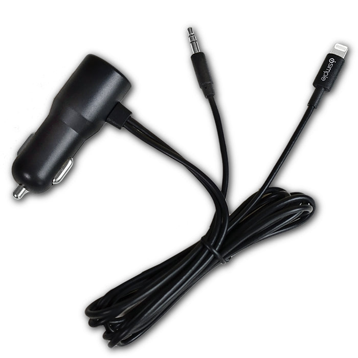 Black car charger with 3.5mm auxiliary and Lightning connector cables