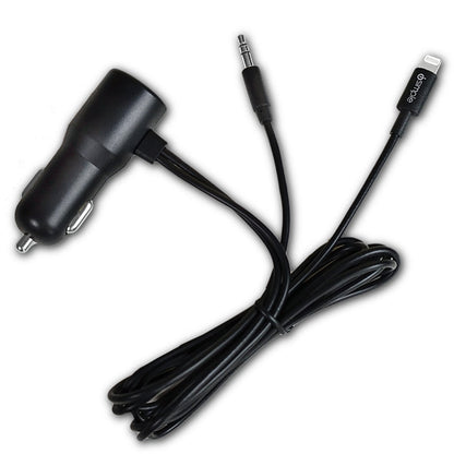 Black car charger with 3.5mm auxiliary and Lightning connector cables