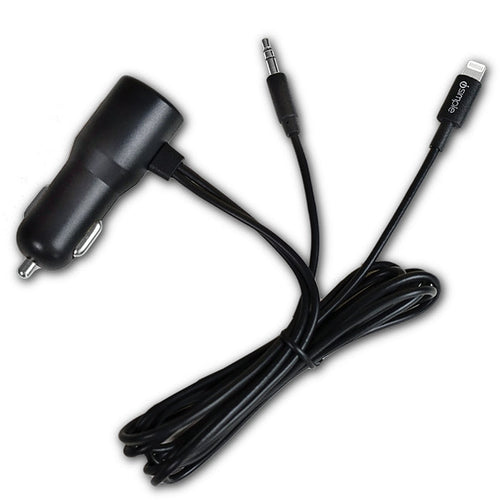 Black car charger with 3.5mm auxiliary and Lightning connector cables