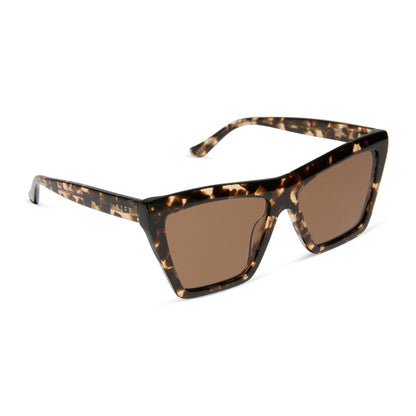 jessie james decker x diff eyewear featuring the vivi cat eye sunglasses with a espresso tortoise frame and brown lenses angled view