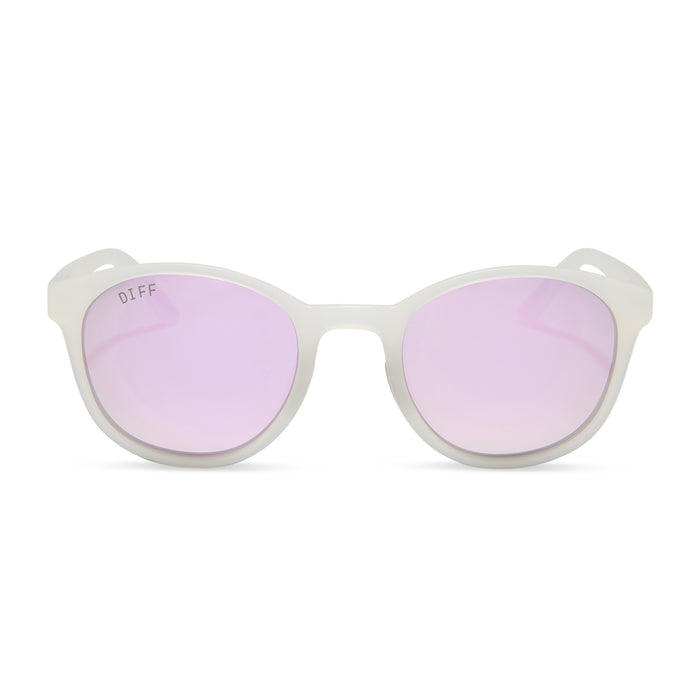 diff sport featuring the volley round sunglasses with a frosty matte crystal frame and lavender mirror polarized lenses front view