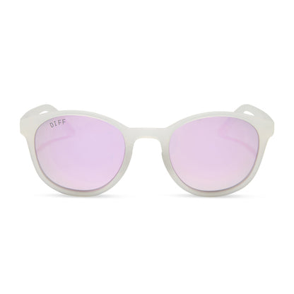 diff sport featuring the volley round sunglasses with a frosty matte crystal frame and lavender mirror polarized lenses front view