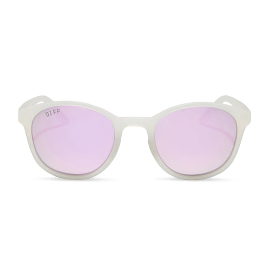 diff sport featuring the volley round sunglasses with a frosty matte crystal frame and lavender mirror polarized lenses front view