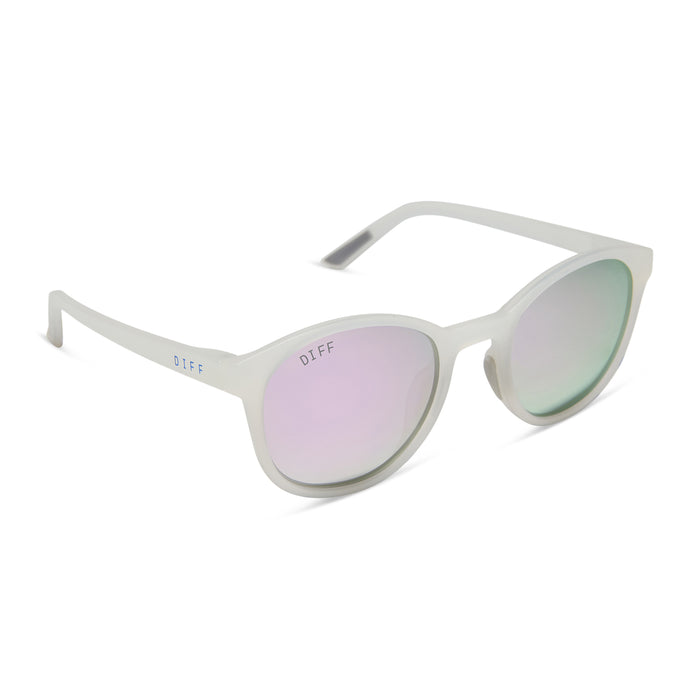 diff sport featuring the volley round sunglasses with a frosty matte crystal frame and lavender mirror polarized lenses angled view