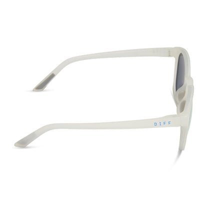 diff sport featuring the volley round sunglasses with a frosty matte crystal frame and lavender mirror polarized lenses side view