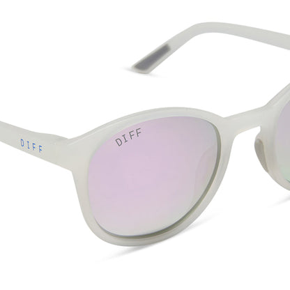 diff sport featuring the volley round sunglasses with a frosty matte crystal frame and lavender mirror polarized lenses detailed view