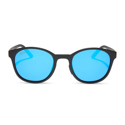 diff sport featuring the volley round sunglasses with a matte black frame and blue mirror polarized lenses front view