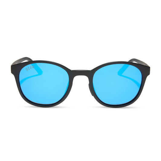 diff sport featuring the volley round sunglasses with a matte black frame and blue mirror polarized lenses front view