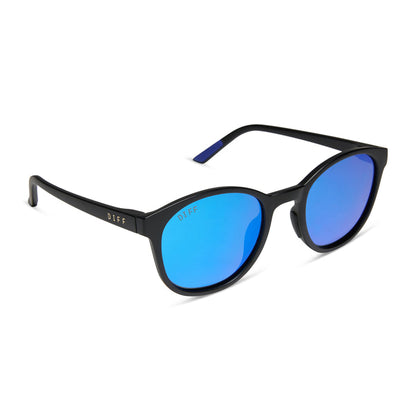 diff sport featuring the volley round sunglasses with a matte black frame and blue mirror polarized lenses angled view