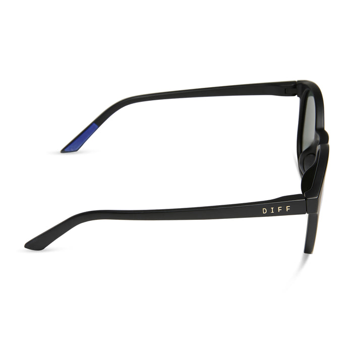 diff sport featuring the volley round sunglasses with a matte black frame and blue mirror polarized lenses side view