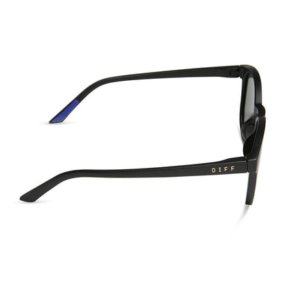 diff sport featuring the volley round sunglasses with a matte black frame and blue mirror polarized lenses side view