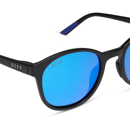 diff sport featuring the volley round sunglasses with a matte black frame and blue mirror polarized lenses detailed view