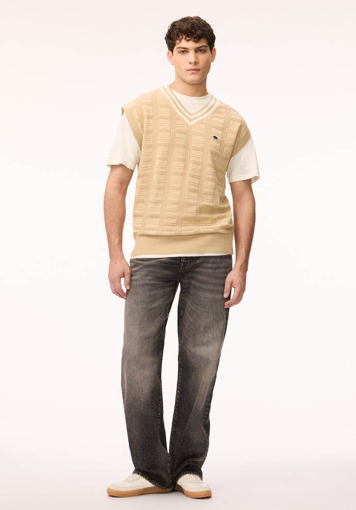 Buffalo Men Sweaters Beige Knit Sweaters V-Neckline Ribbed Hem