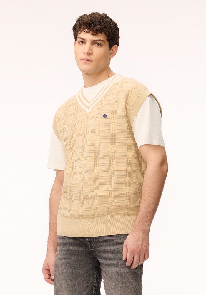Buffalo Men Sweaters Beige Knit Sweaters V-Neckline Ribbed Hem