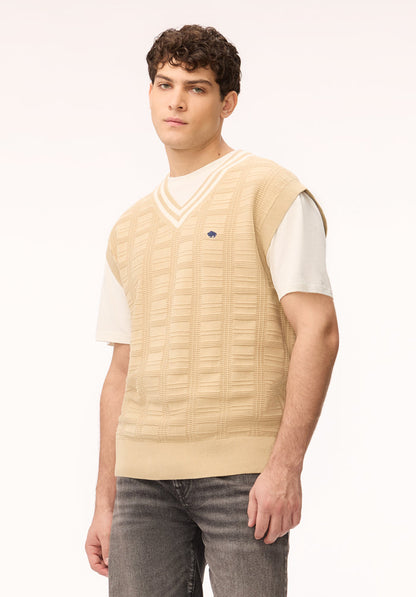 Buffalo Men Sweaters Beige Knit Sweaters V-Neckline Ribbed Hem