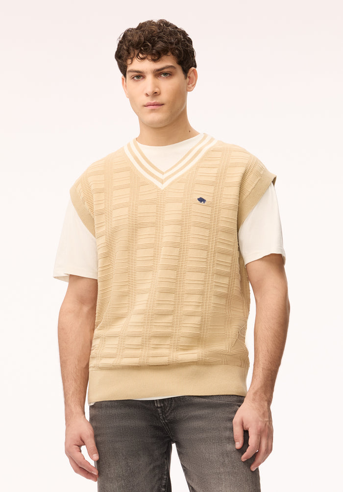 Buffalo Men Sweaters Beige Knit Sweaters V-Neckline Ribbed Hem