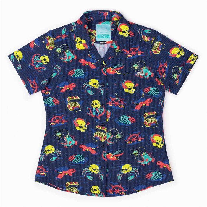 RSVLTS XS RSVLTS Women's Short Sleeve Shirt What Lies Beneath – Women's Stretch Seersucker Short Sleeve Shirt What Lies Beneath – Women's Stretch Seersucker Short Sleeve Shirt
