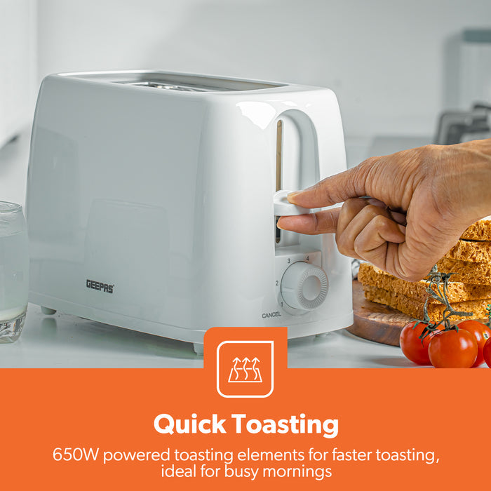 White 2-Slice Bread Toaster With 6 Level Browning