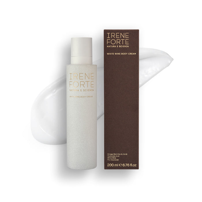 Irene Forte white wine body cream bottle and packaging on a white background