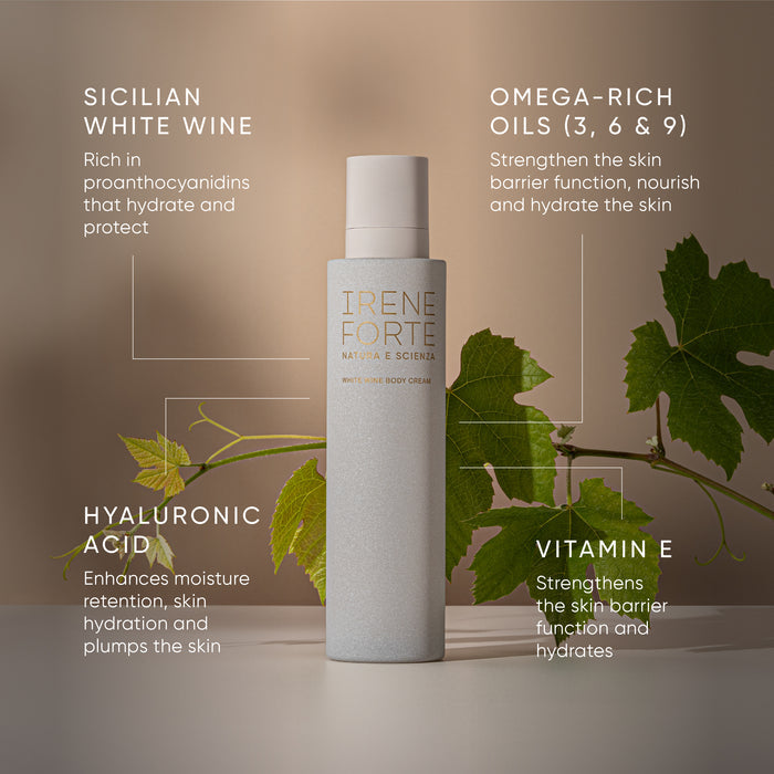 Skincare product with text highlighting ingredients like Sicilian white wine, omega-rich oils, hyaluronic acid, and vitamin E on a neutral background.