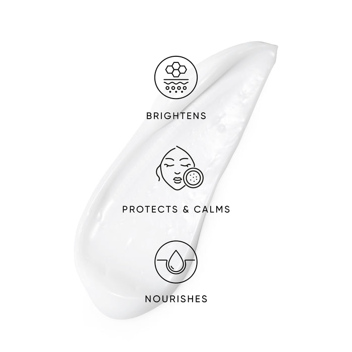 White skincare product with icons and text on a white background