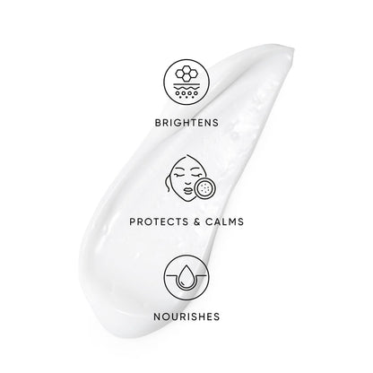 White skincare product with icons and text on a white background