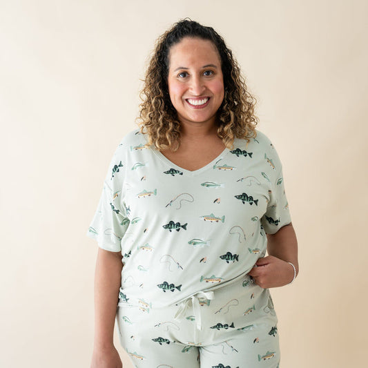Woman wearing Kyte Baby Women's Relaxed Fit V-Neck in Fishing