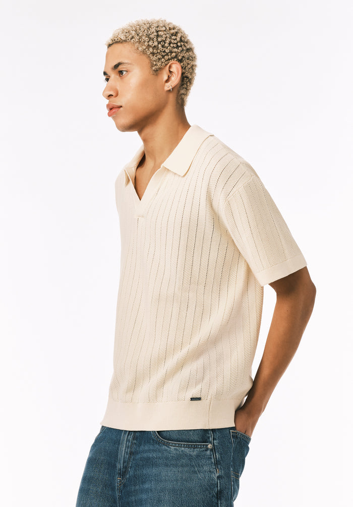 Buffalo Men Sweaters Beige Knit Sweaters Breathable Textured Knit Open Collar