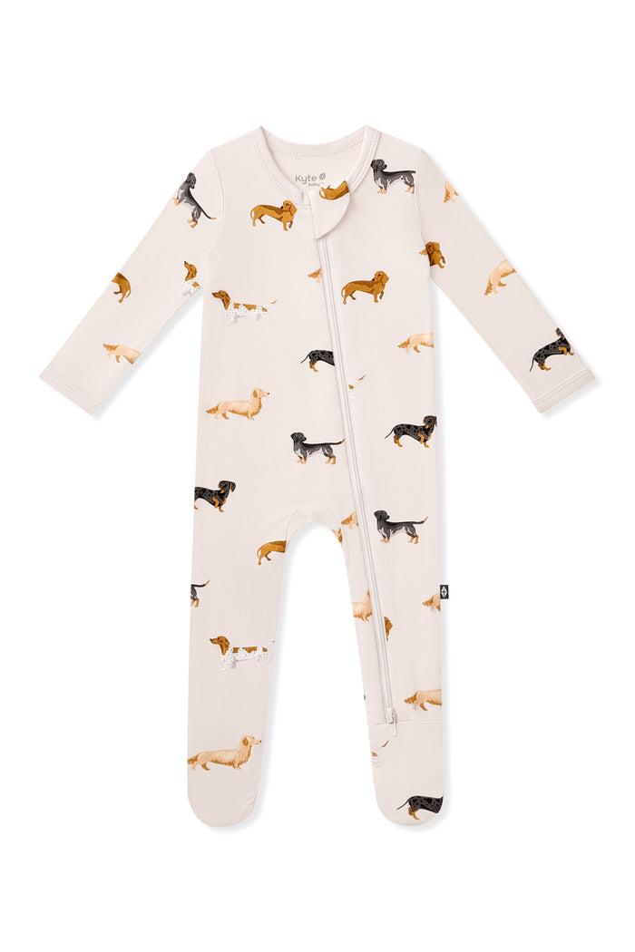 Beige Zippered Footie in Dachshund print on white background