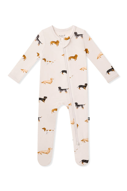 Beige Zippered Footie in Dachshund print on white background