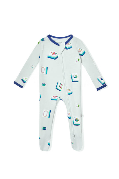 Blue Zippered Footie with Mahjong pattern on a white background