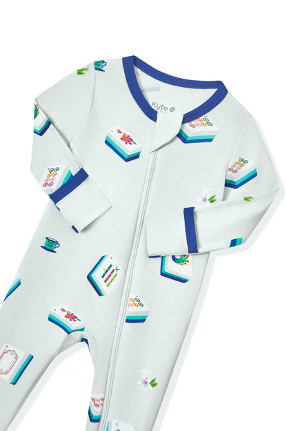 Blue Zippered Footie with zipper garage in Mahjong pattern on a white background