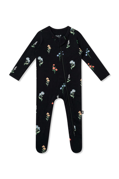 Black Zippered Footie in Wildflower print on a white background