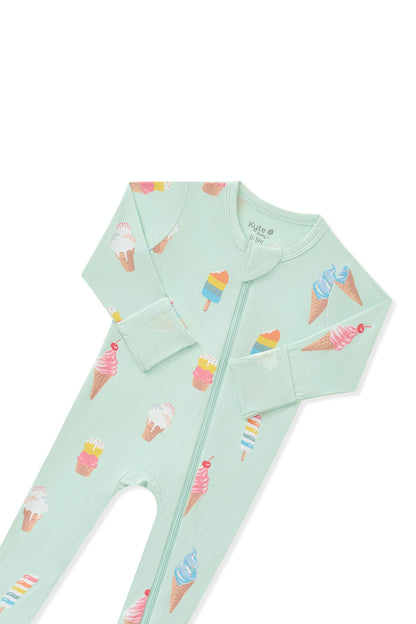 Top part of Mint Zippered Footie in Ice Cream print on white background