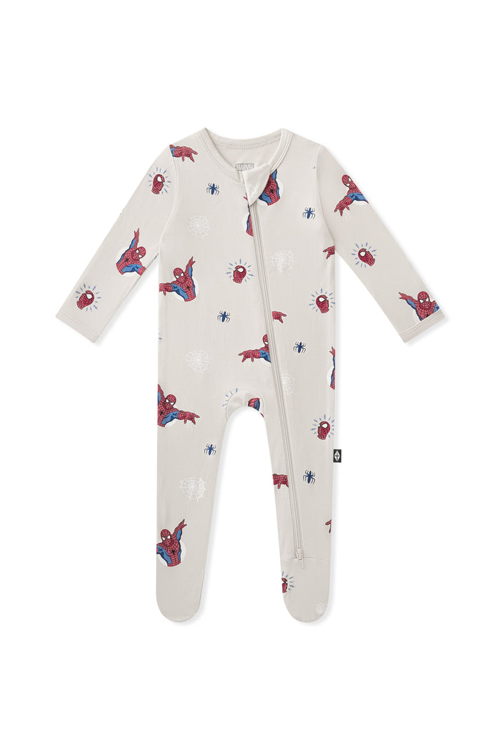 Oat Zippered Footie with Spider-Man print on a white background