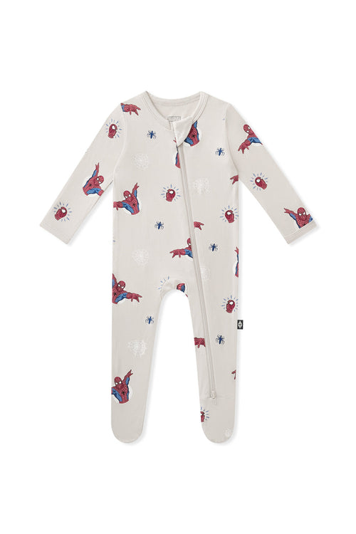 Oat Zippered Footie with Spider-Man print on a white background