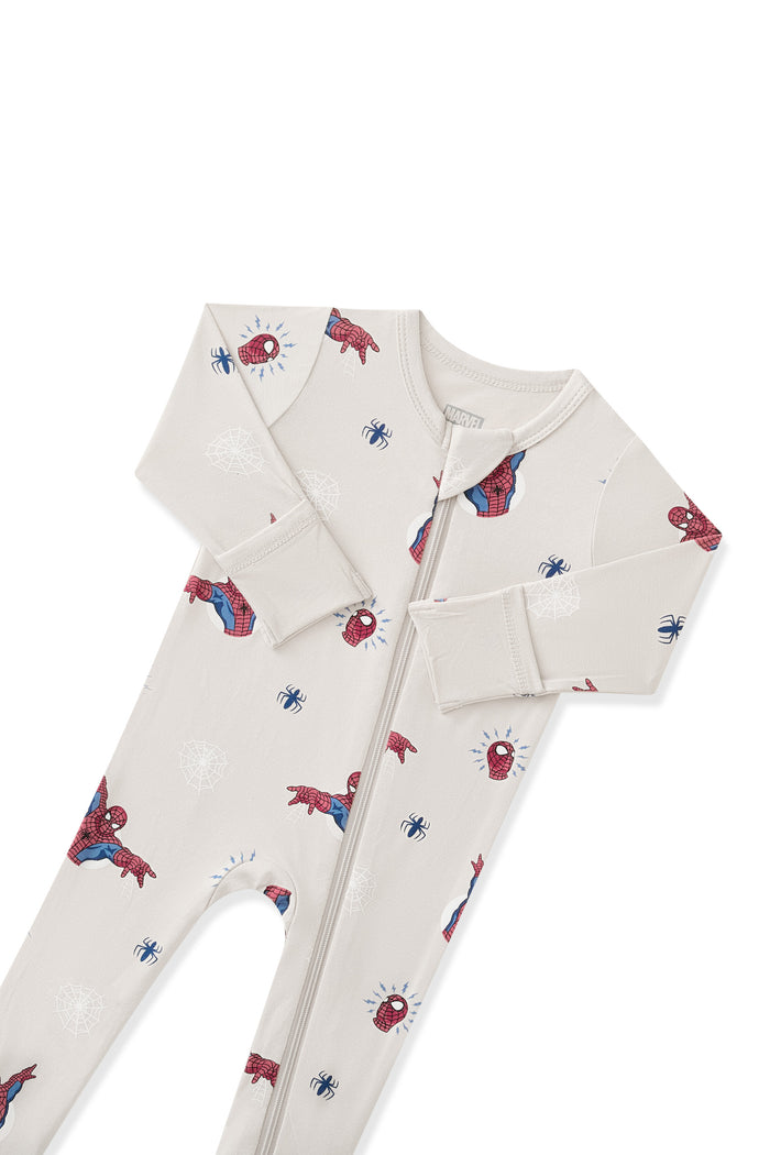 Oat Zippered Footie with Spider-Man print with zipper garage on a white background