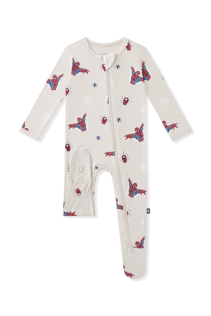 Dotted footie of Oat Zippered Footie with Spider-Man print on a white background