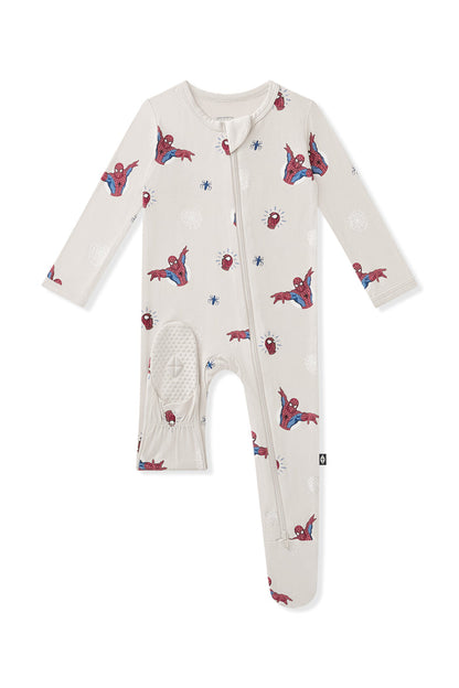 Dotted footie of Oat Zippered Footie with Spider-Man print on a white background