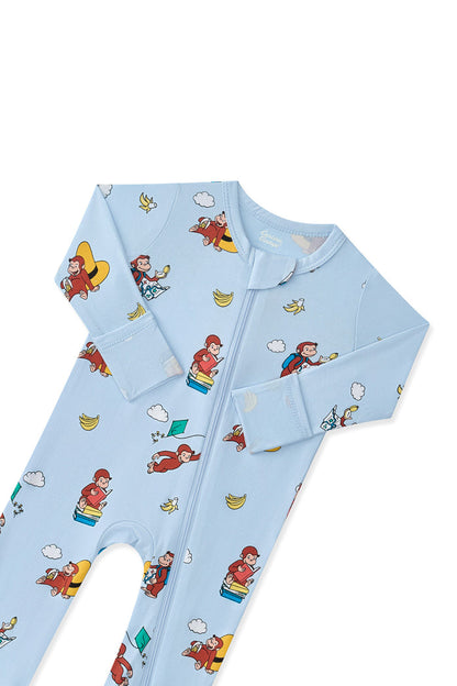 Blue Zippered Romper in Curious George print with zipper garage on a white background